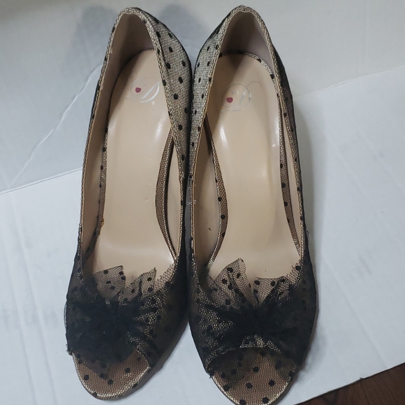 Heart In D Peep Toe Black Tan Pokadot Heels - Picture 10 of 16